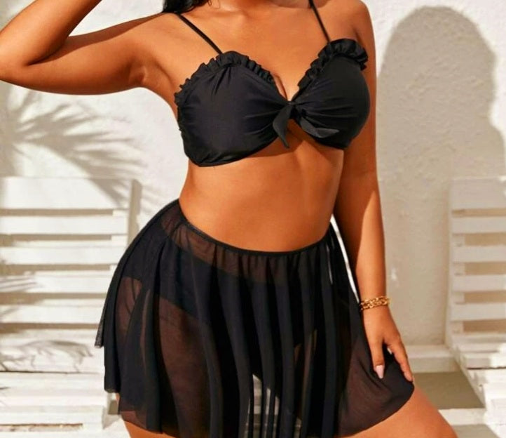 3 Pcs Black Bikini and Beach Skirt